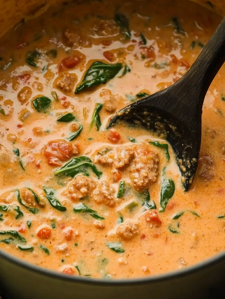 Close-up of a pot filled with sausage spinach soup, featuring a creamy texture and bits of sausage, spinach, and tomatoes.