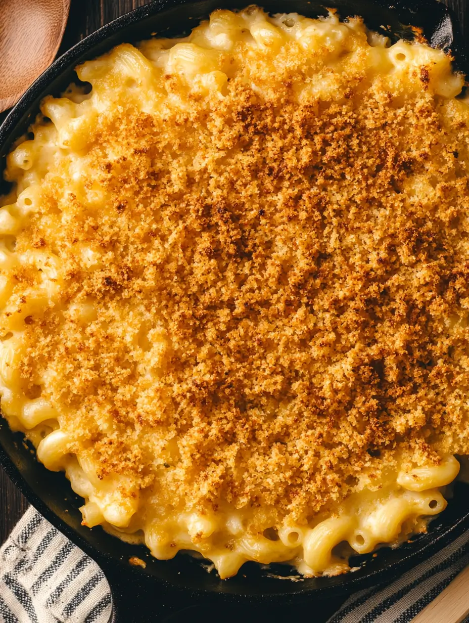 Cheesy Smoked Mac and Cheese Recipe 18 Close-up of smoked mac and cheese topped with a golden, crispy breadcrumb layer.