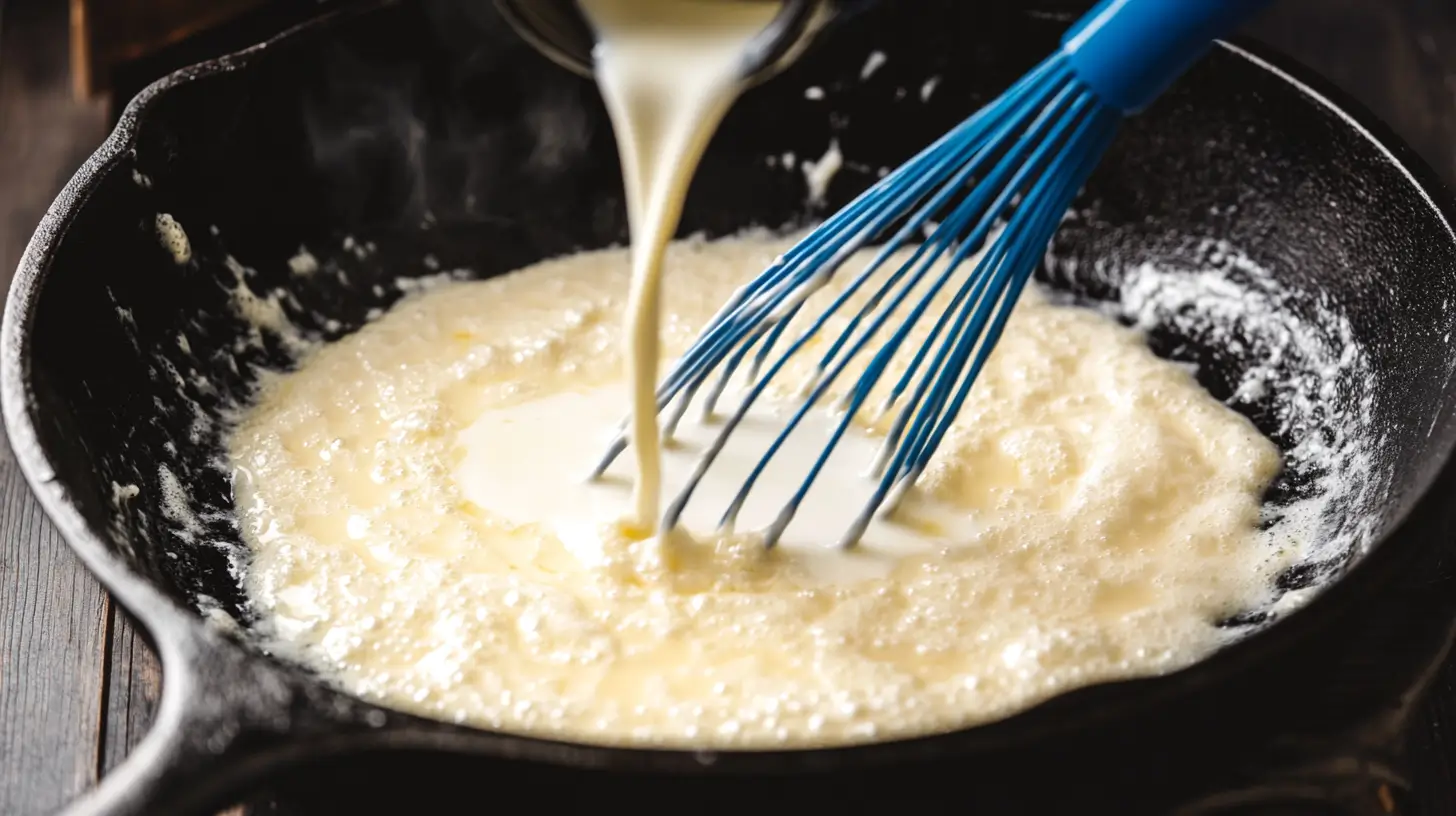 Cheesy Smoked Mac and Cheese Recipe 13 Creamy cheese sauce being poured into the base for smoked mac and cheese in a cast iron skillet.
