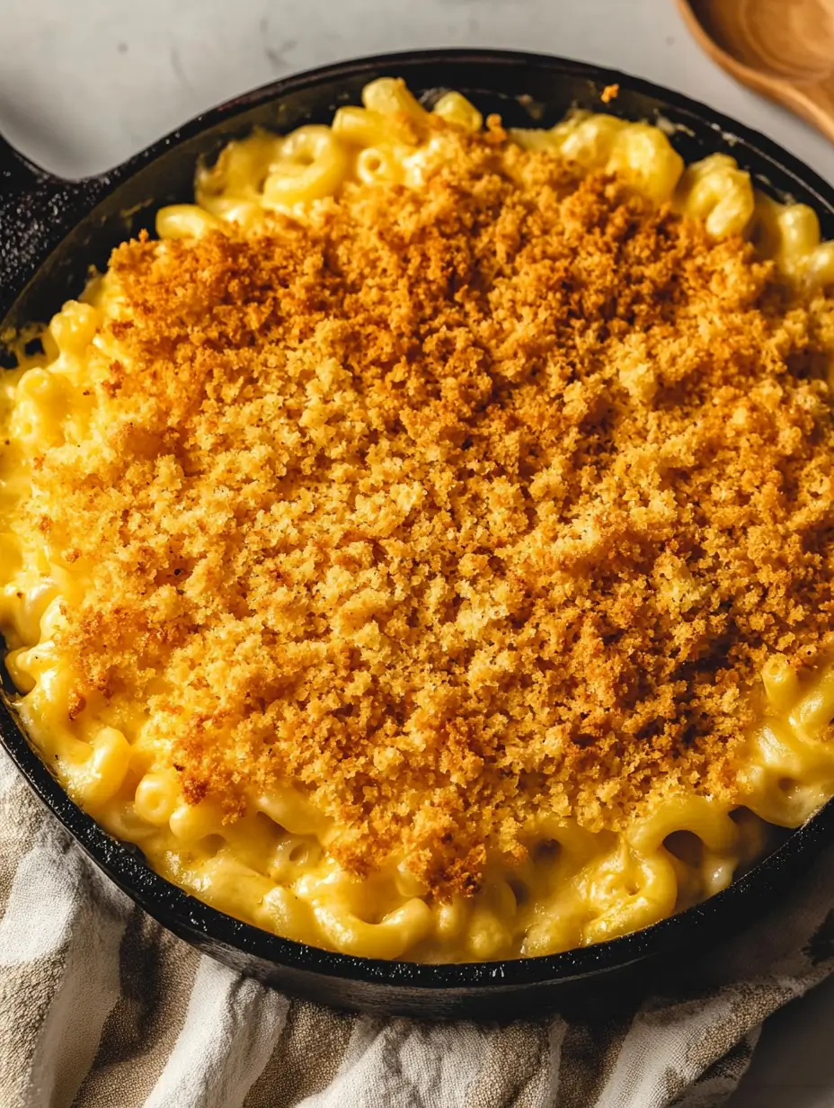 Cheesy Smoked Mac and Cheese Recipe 17 Cast iron skillet filled with smoked mac and cheese topped with golden breadcrumbs.
