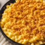 Cheesy Smoked Mac and Cheese Recipe 20 Overhead view of smoked mac and cheese with golden breadcrumbs, served hot in a skillet.