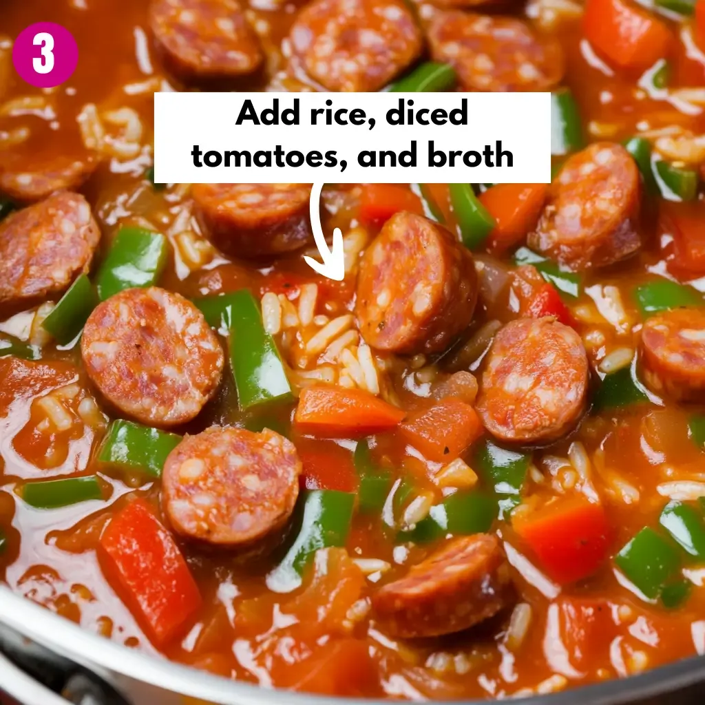 Easy Cajun sausage and rice skillet 20 Add-rice-diced-tomatoes-and-broth