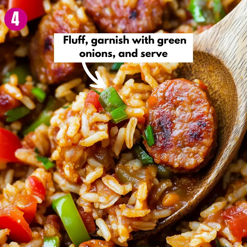 Easy Cajun sausage and rice skillet 21 Fluff-garnish-with-green-onions-and-serve