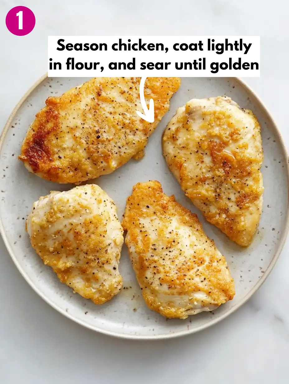 Easy Creamy One-Pan Chicken and Gravy Recipe 10 Season-chicken-coat-lightly-in-flour-and-sear-until-golden