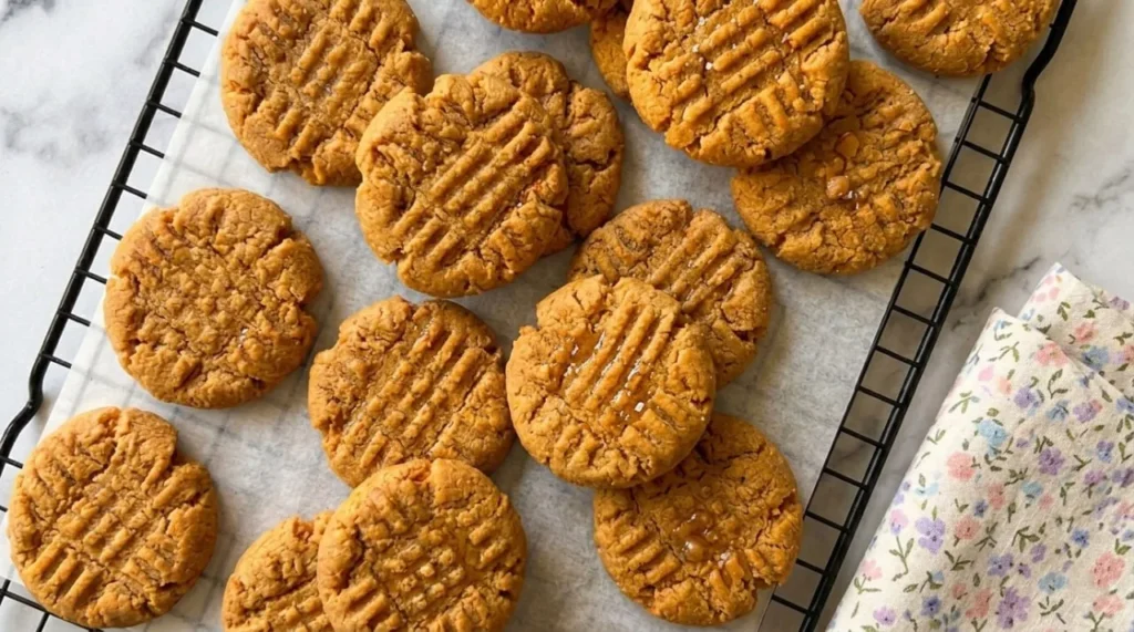 4-ingredient peanut butter cookies with crisscross pattern cooling on a black wire rack, marble background