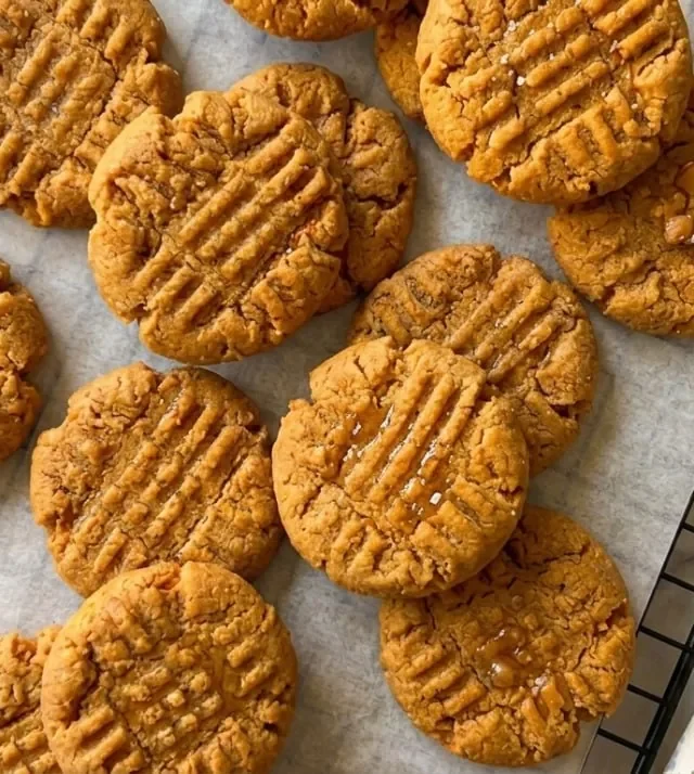 4-ingredient peanut butter cookies with crisscross pattern cooling on a black wire rack, marble background