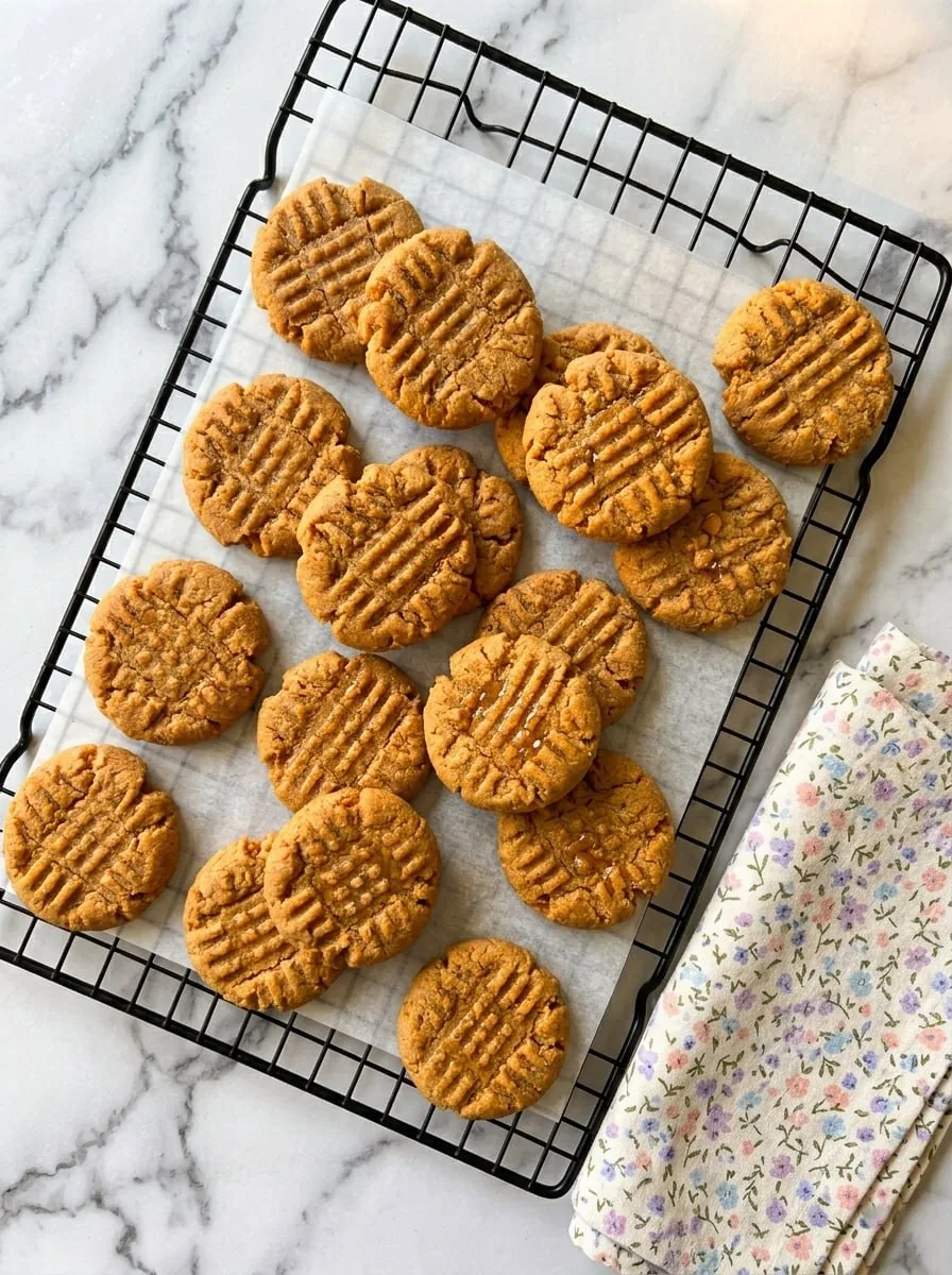 4-Ingredient Peanut Butter Cookies (Soft, Chewy & Ready in 25 Minutes) 18 freshly baked 4-ingredient peanut butter cookies with crisscross fork pattern arranged on a black wire rack to cool