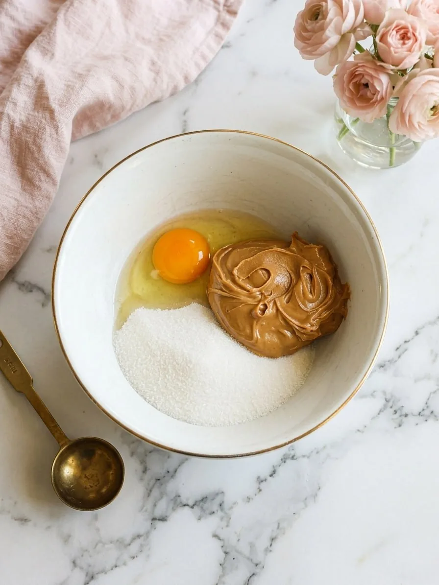 4-Ingredient Peanut Butter Cookies (Soft, Chewy & Ready in 25 Minutes) 15 peanut butter, granulated sugar, and egg added to a ceramic mixing bowl before combining for peanut butter cookie dough