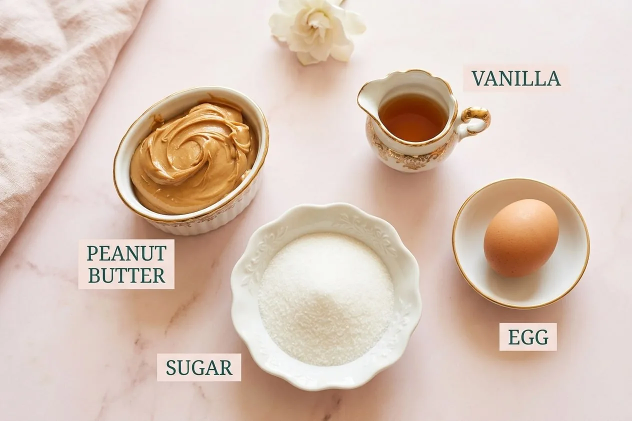 4-Ingredient Peanut Butter Cookies (Soft, Chewy & Ready in 25 Minutes) 14 labeled flatlay of the 4 ingredients for peanut butter cookies — peanut butter, sugar, egg, and vanilla — in elegant bowls on pink marble