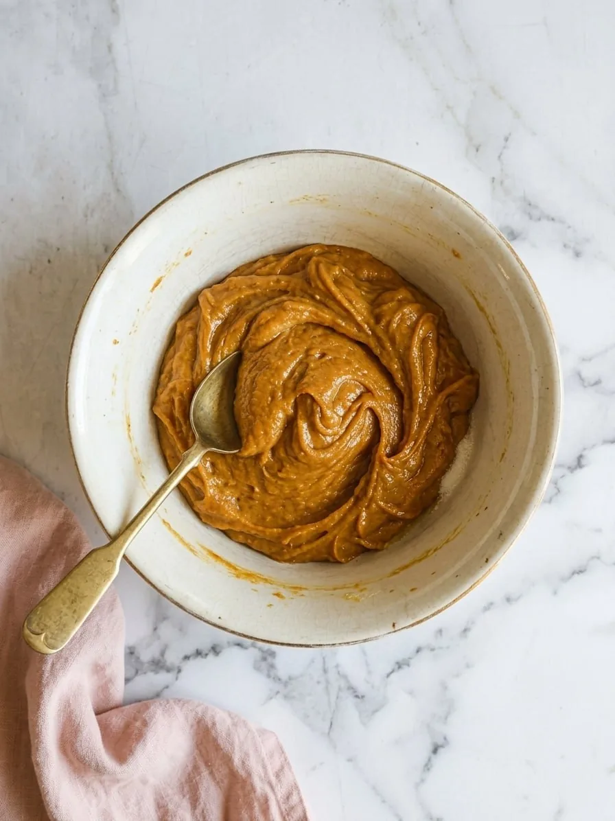 4-Ingredient Peanut Butter Cookies (Soft, Chewy & Ready in 25 Minutes) 16 fully mixed 4-ingredient peanut butter cookie dough in a white ceramic bowl with a gold spoon on marble