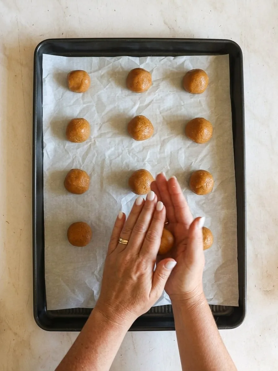 4-Ingredient Peanut Butter Cookies (Soft, Chewy & Ready in 25 Minutes) 17 hands rolling peanut butter cookie dough into smooth balls on a parchment-lined baking sheet ready to bake