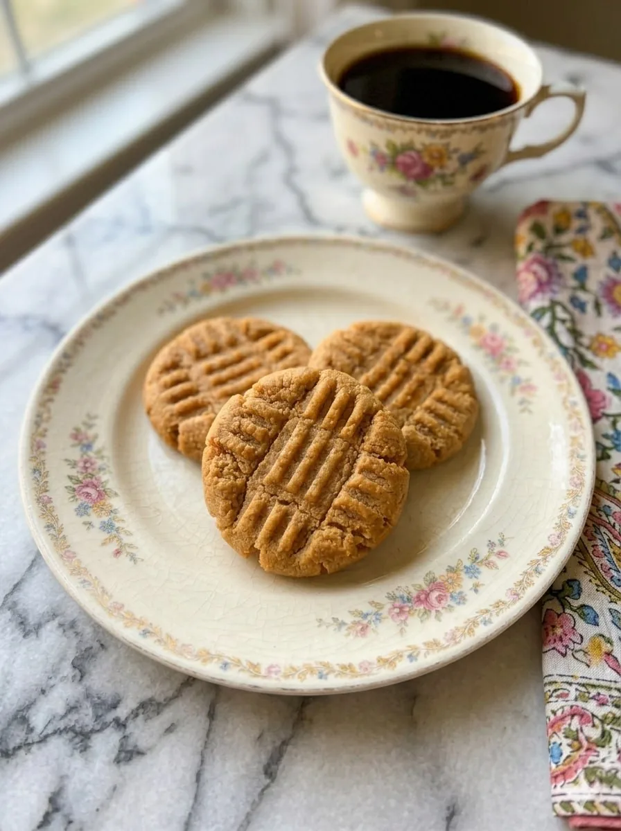 4-Ingredient Peanut Butter Cookies (Soft, Chewy & Ready in 25 Minutes) 13 three soft and chewy 4-ingredient peanut butter cookies on a vintage floral plate served with a cup of black coffee