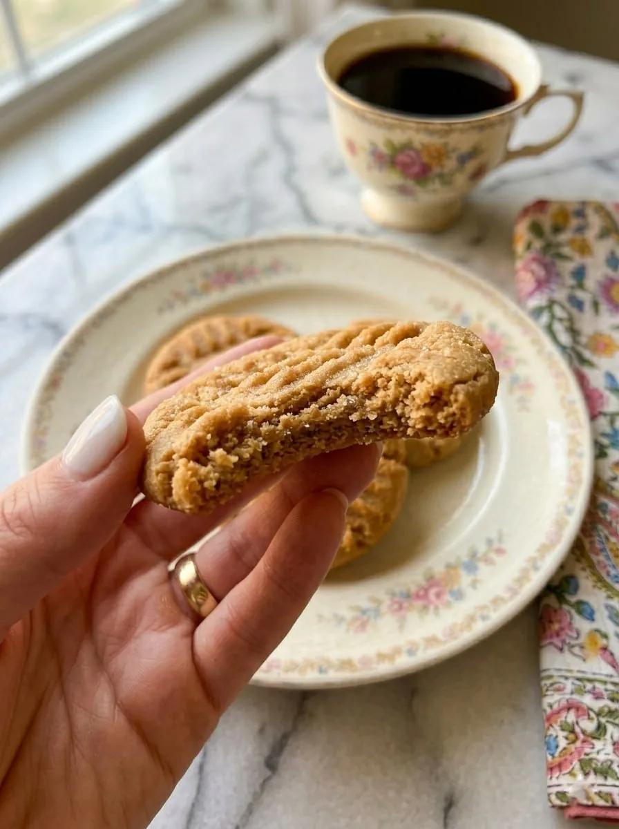 4-Ingredient Peanut Butter Cookies (Soft, Chewy & Ready in 25 Minutes) 19 hand holding a 4-ingredient peanut butter cookie broken in half showing the soft, chewy interior texture with a coffee cup in background