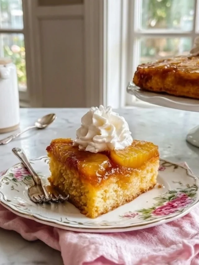 amish-pineapple-dump-cake-plated-with-whole-cake-on-stand