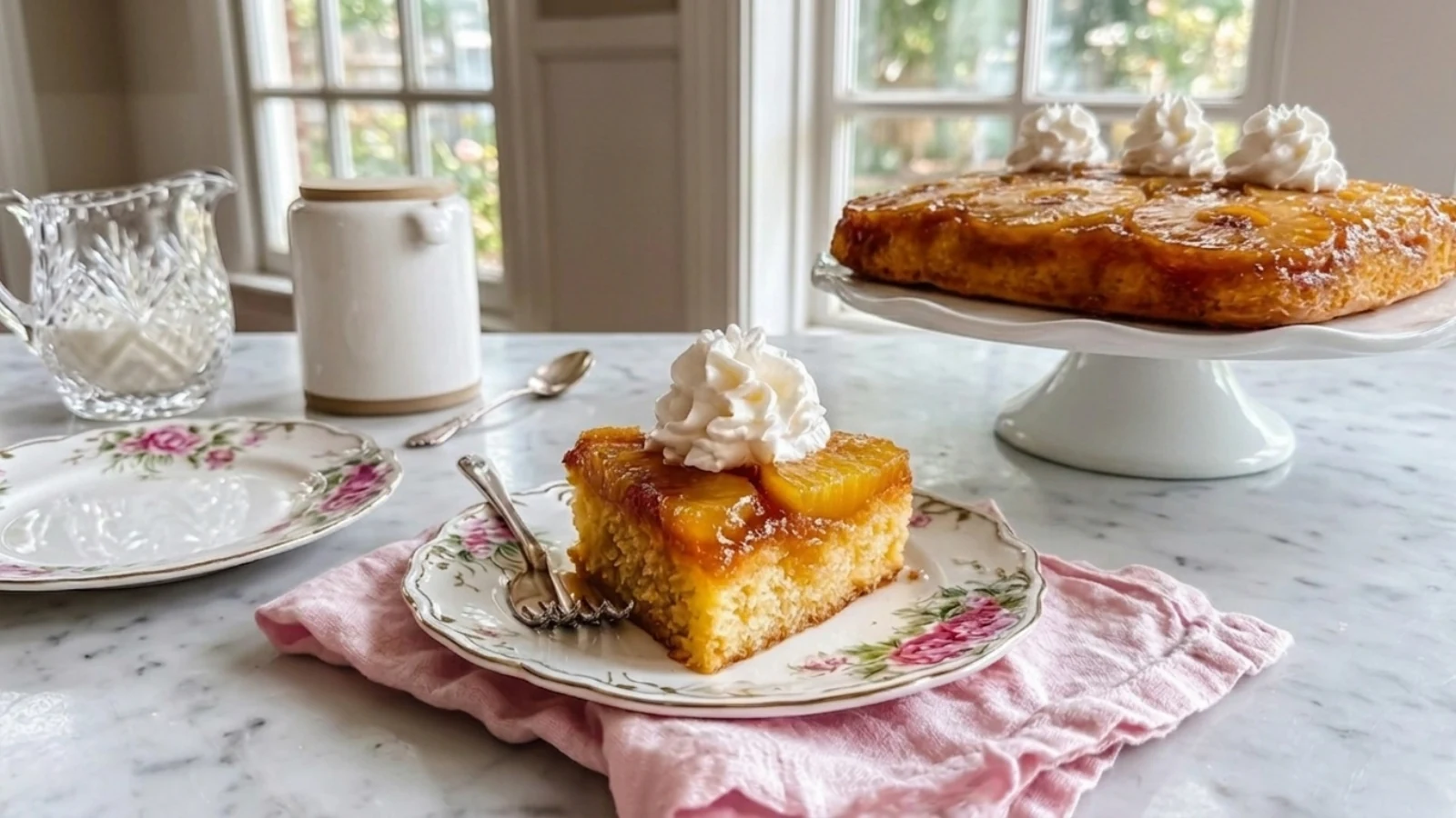 amish-pineapple-dump-cake-plated-with-whole-cake-on-stand
