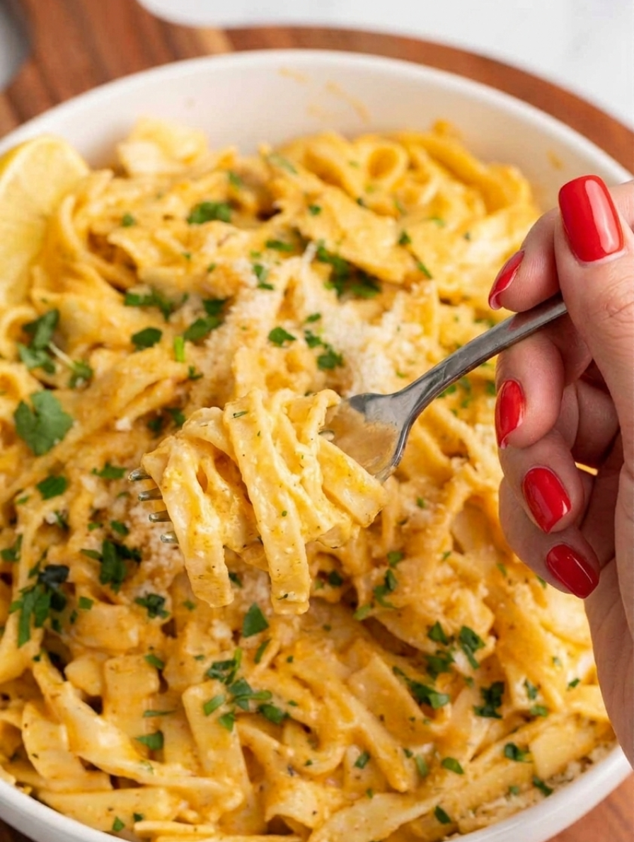 Close-up of a fork twirling creamy Cajun Alfredo fettuccine, topped with fresh chopped parsley