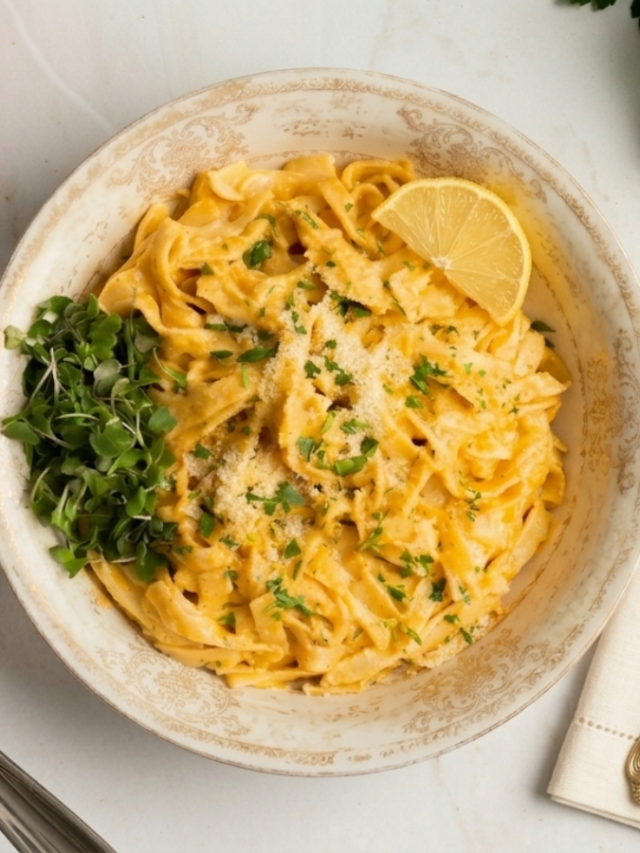 Overhead view of homemade Cajun Alfredo Sauce in a skillet next to a bowl of fettuccine garnished with fresh parsley and lemon