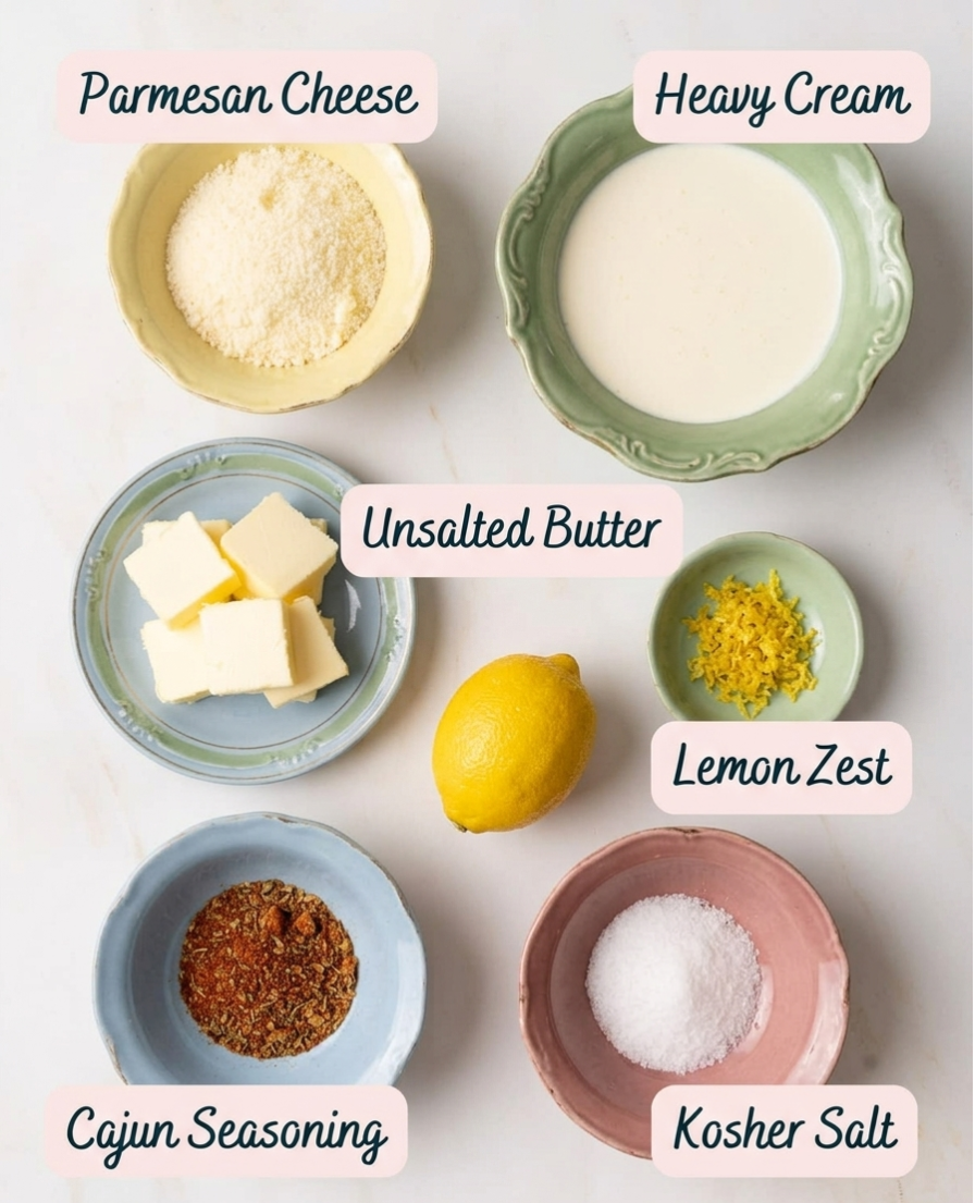 Ingredients for Cajun Alfredo Sauce laid out and labeled — Parmesan cheese, heavy cream, unsalted butter, lemon zest, Cajun seasoning, and kosher salt
