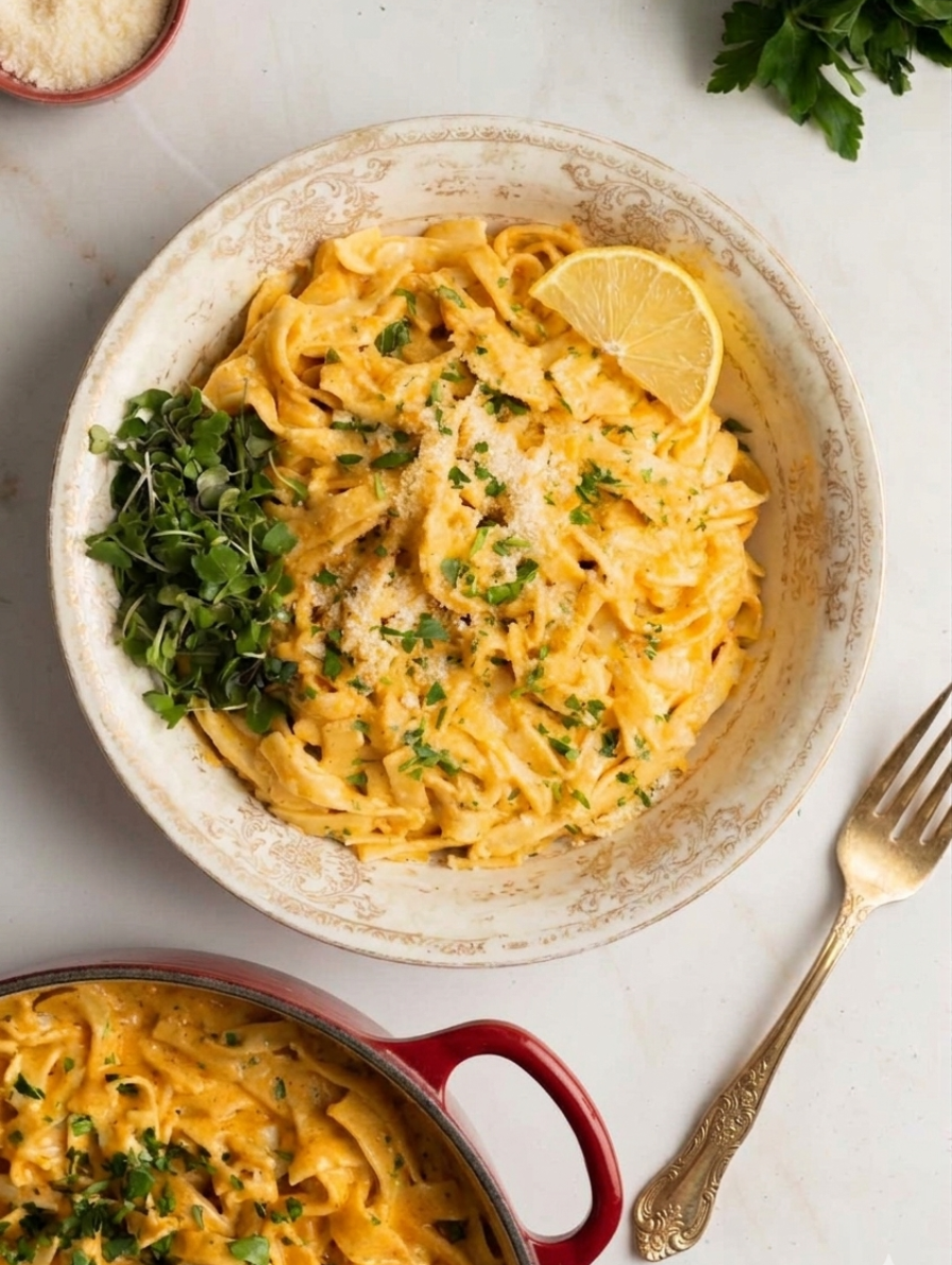Cajun Alfredo Sauce served over fettuccine in a white ceramic bowl, garnished with parsley and a lemon wedge, with a small sauce pan on the side
