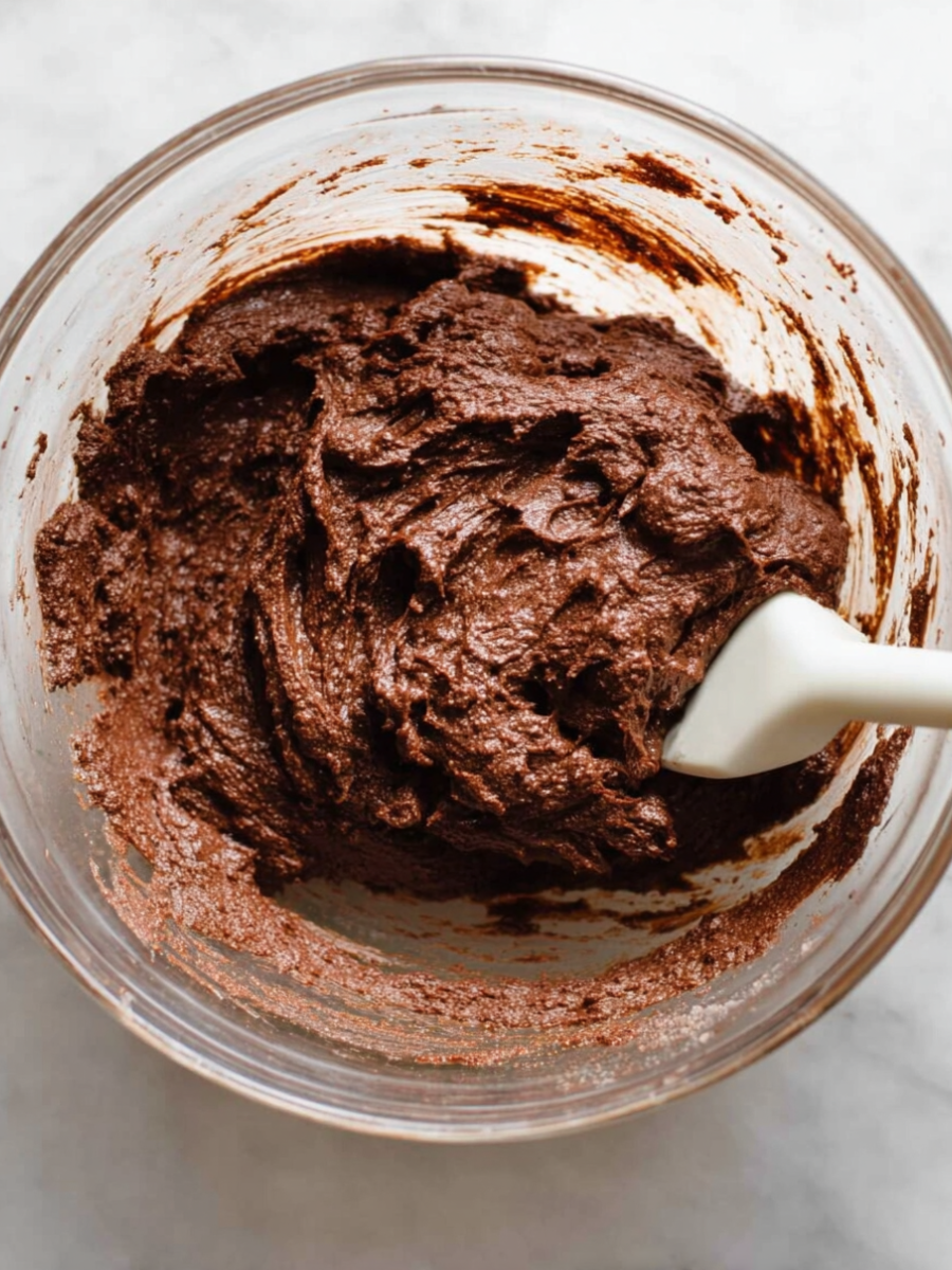 cottage cheese brownie batter folded together in a glass bowl — smooth, thick, and deeply chocolatey