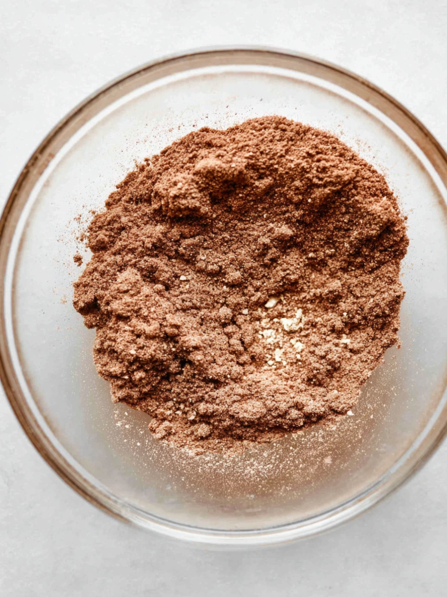 dry ingredients for cottage cheese brownies whisked together in a glass bowl — cocoa powder, almond flour, baking soda