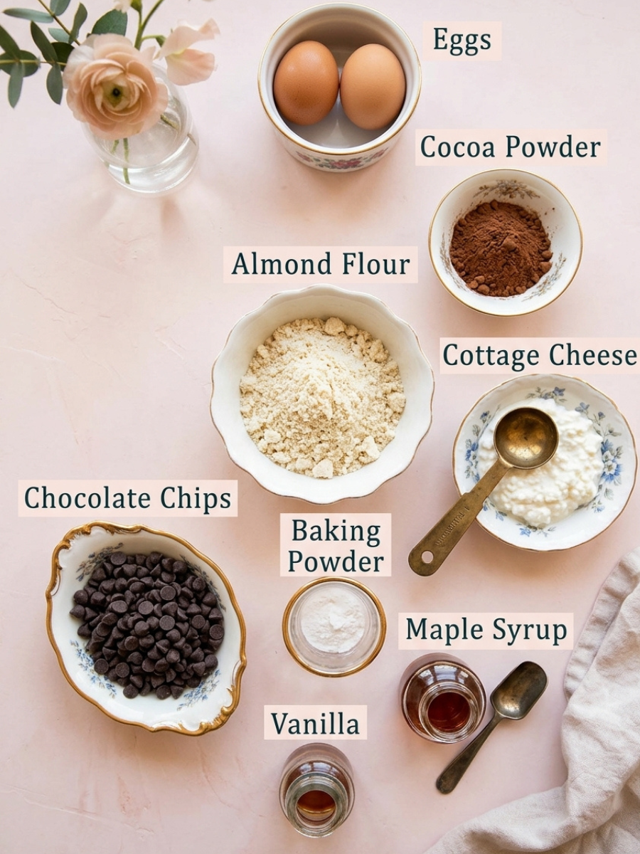 cottage cheese brownie ingredients flatlay — almond flour, cocoa powder, eggs, maple syrup, chocolate chips, cottage cheese, vanilla, baking powder