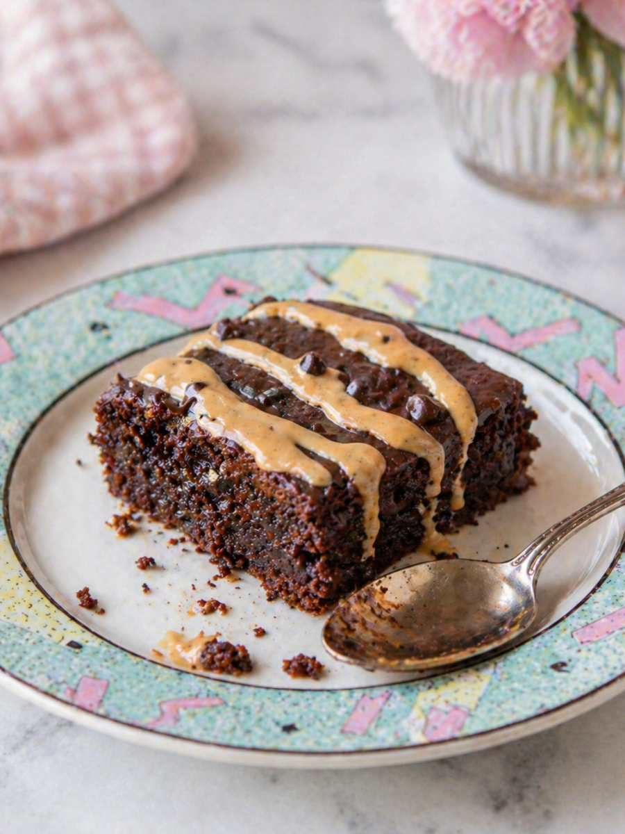 cottage cheese brownies on a decorative plate with a spoon and flowers in the background