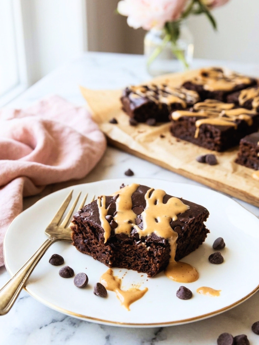 cottage cheese protein brownie served on a white plate with a gold fork and peanut butter drizzle