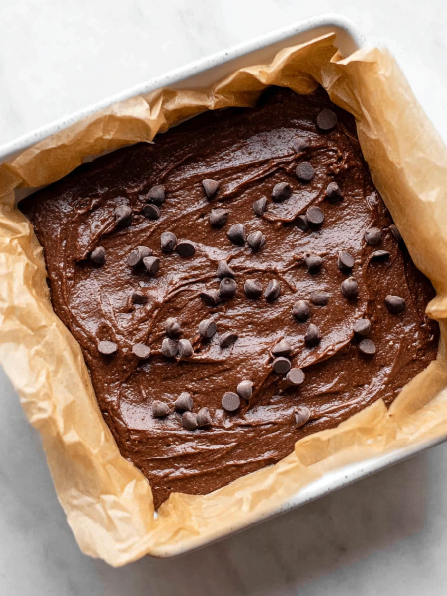 cottage cheese brownie batter in parchment-lined pan with chocolate chips on top, ready to bake