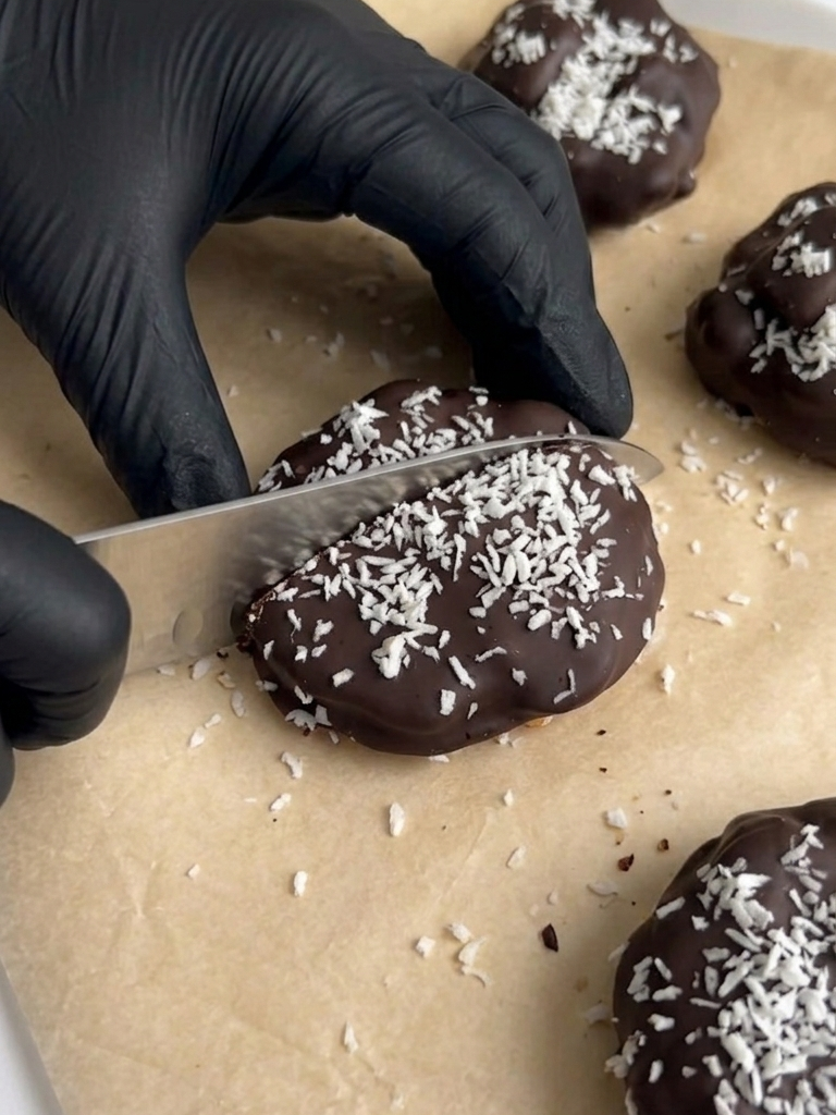 Chocolate Mango Yogurt Bites being cut open on parchment paper showing the thick chocolate coating and coconut topping