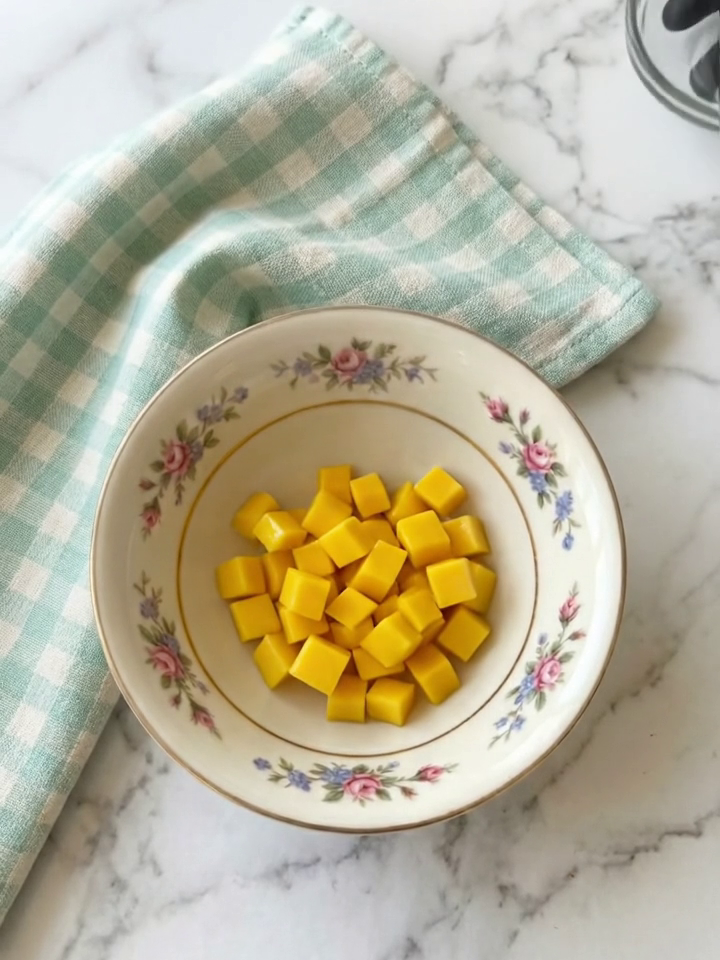 Fresh ripe mango cubes diced small in a bowl, the key fruit ingredient in Chocolate Mango Yogurt Bites