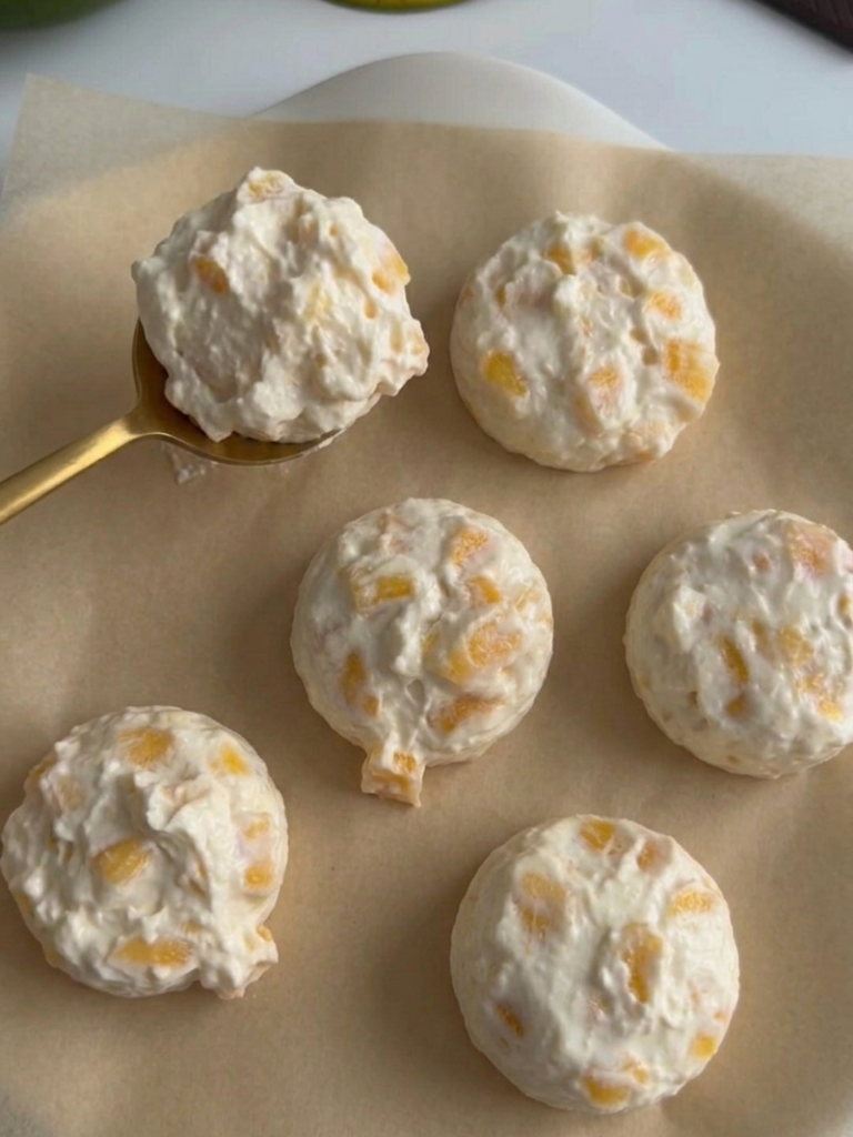 Six shaped mango yogurt bites on parchment paper before being dipped in chocolate, showing the creamy mango filling