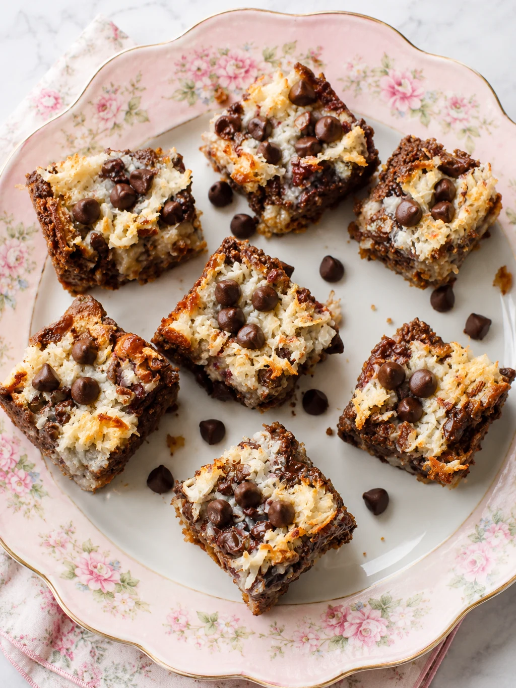 Best Coconut Magic Bars Recipe 15 overhead view of coconut magic bars cut into squares on a pink plate with chocolate chips scattered around