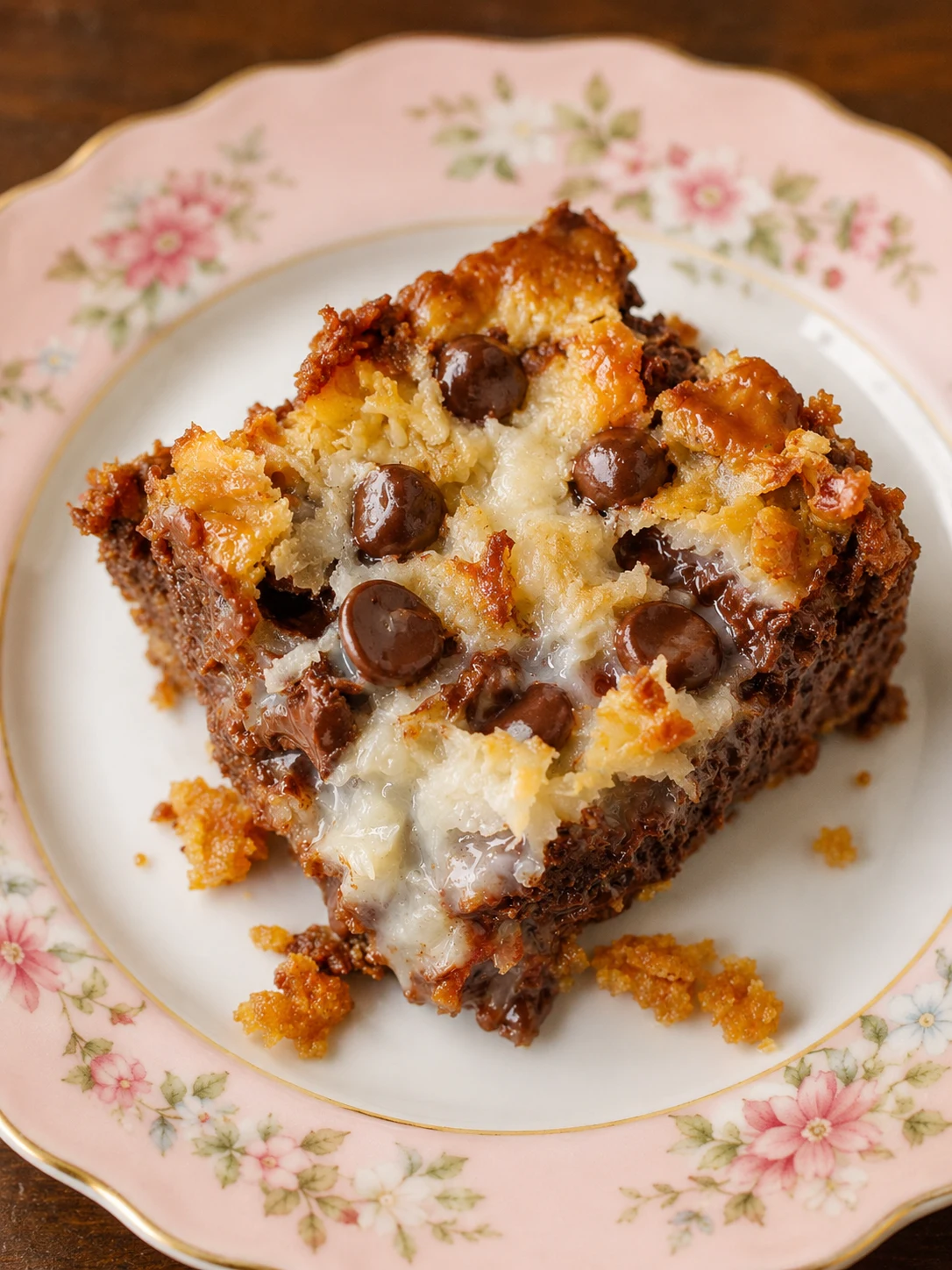 Best Coconut Magic Bars Recipe 12 coconut magic bar on pink floral plate showing gooey chocolate chips and toasted coconut close up
