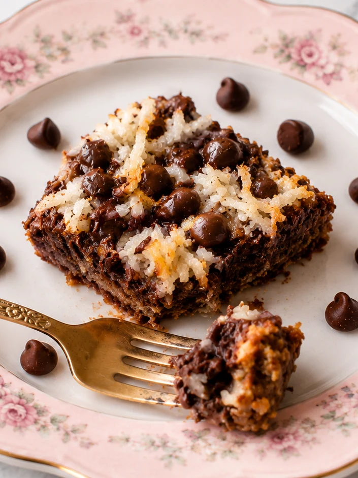 Best Coconut Magic Bars Recipe 17 coconut magic bar served on a pink floral plate with a gold fork and chocolate chips on marble surface