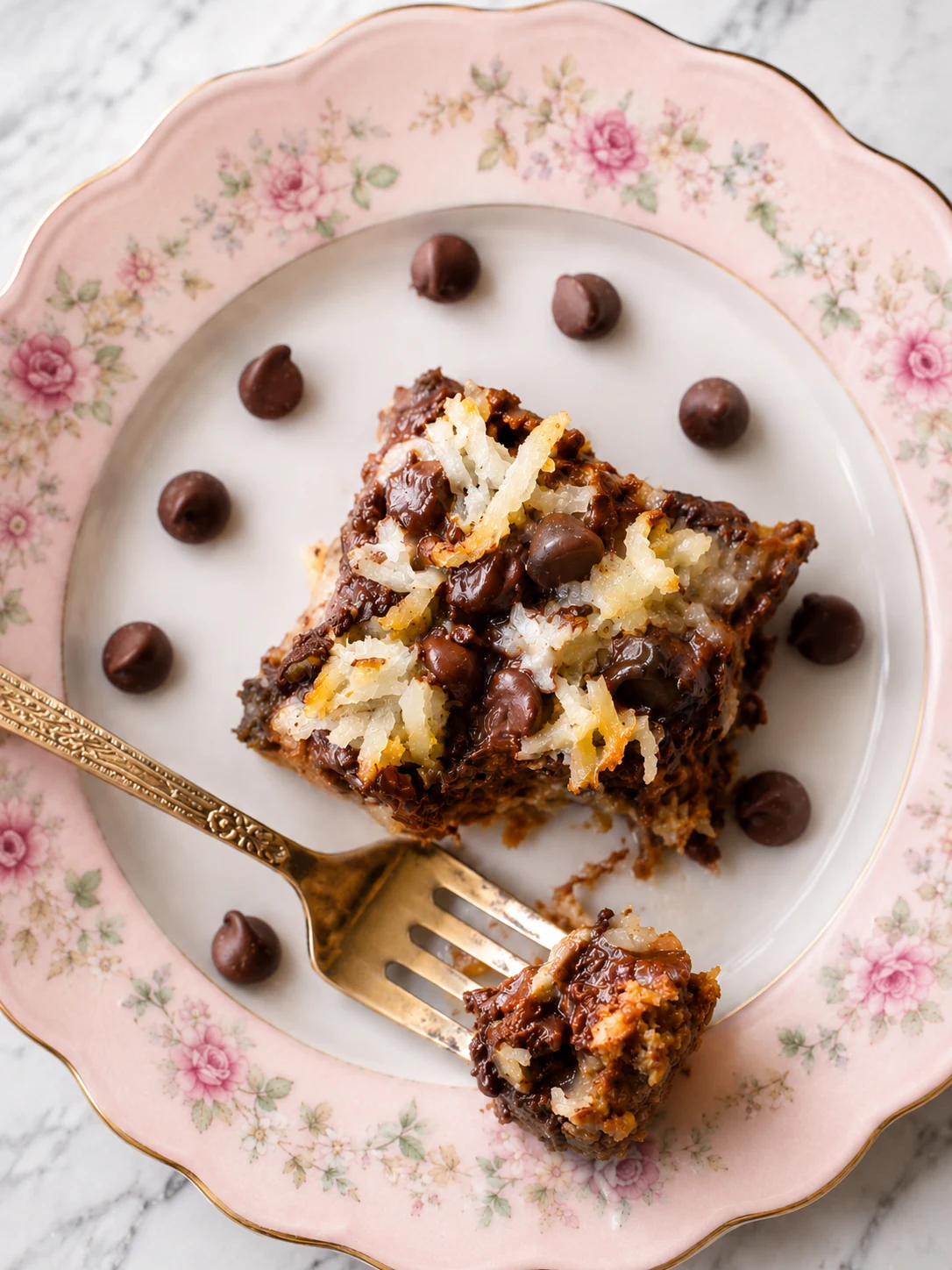 Best Coconut Magic Bars Recipe 16 close up of a coconut magic bar on a pink plate with gold fork showing the chewy coconut and chocolate interior