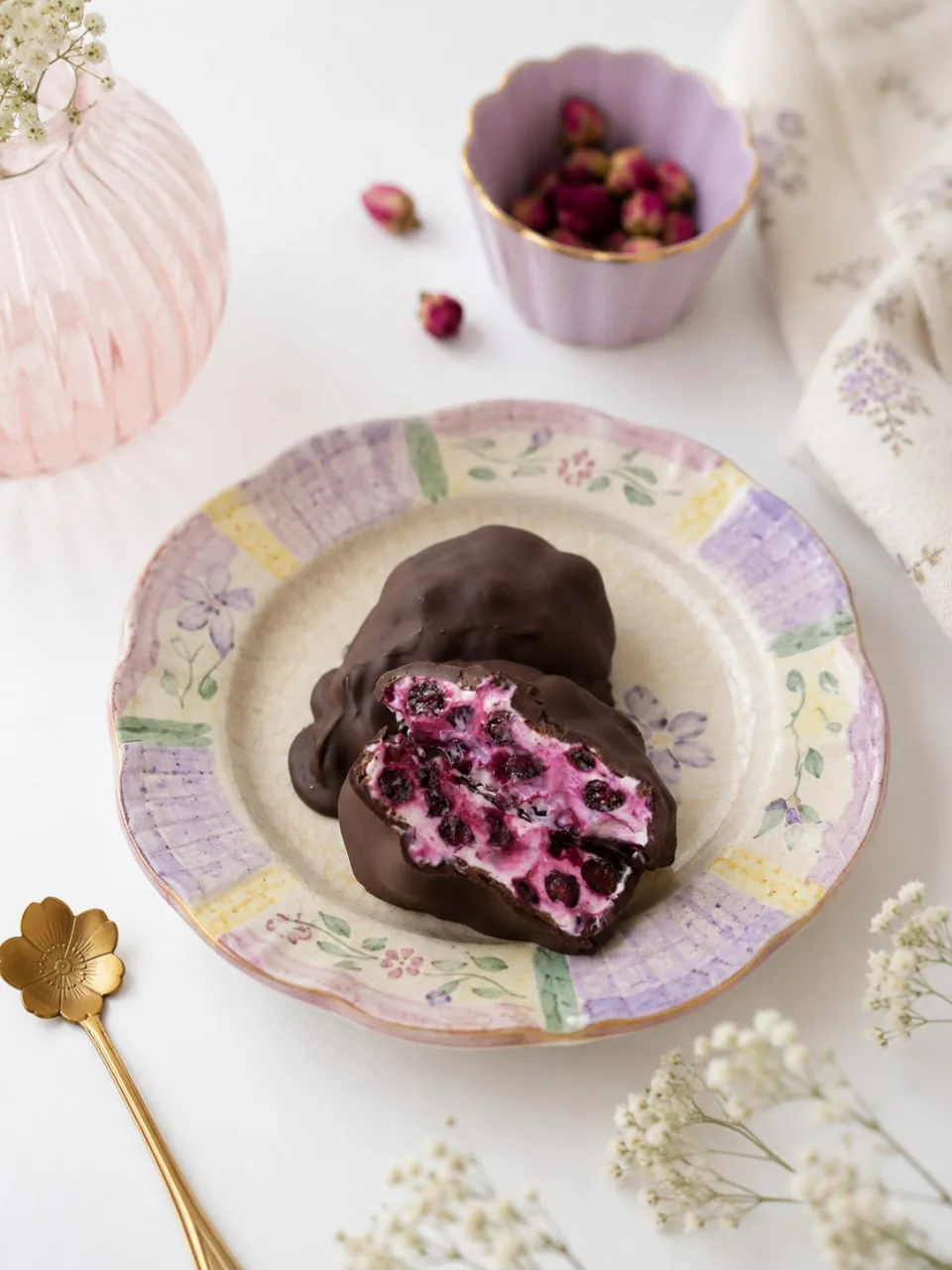 chocolate blueberry bites on a floral plate with flowers