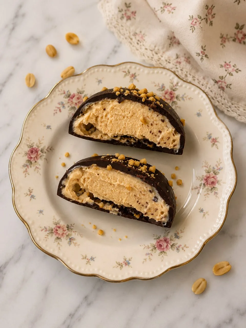 Chocolate Peanut Butter Yogurt Bites 13 chocolate-peanut-butter-yogurt-bites-halved-on-floral-plate