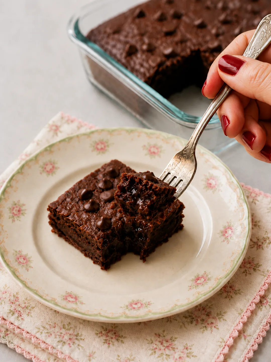 high-protein-fudgy-banana-brownie-bite Fork taking a bite of a fudgy high protein banana brownie square on a floral plate