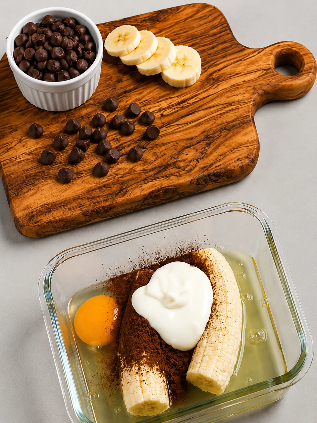 High Protein Fudgy Banana Brownie 2 Egg Greek yogurt cocoa powder and banana in a glass dish before blending the brownie batter