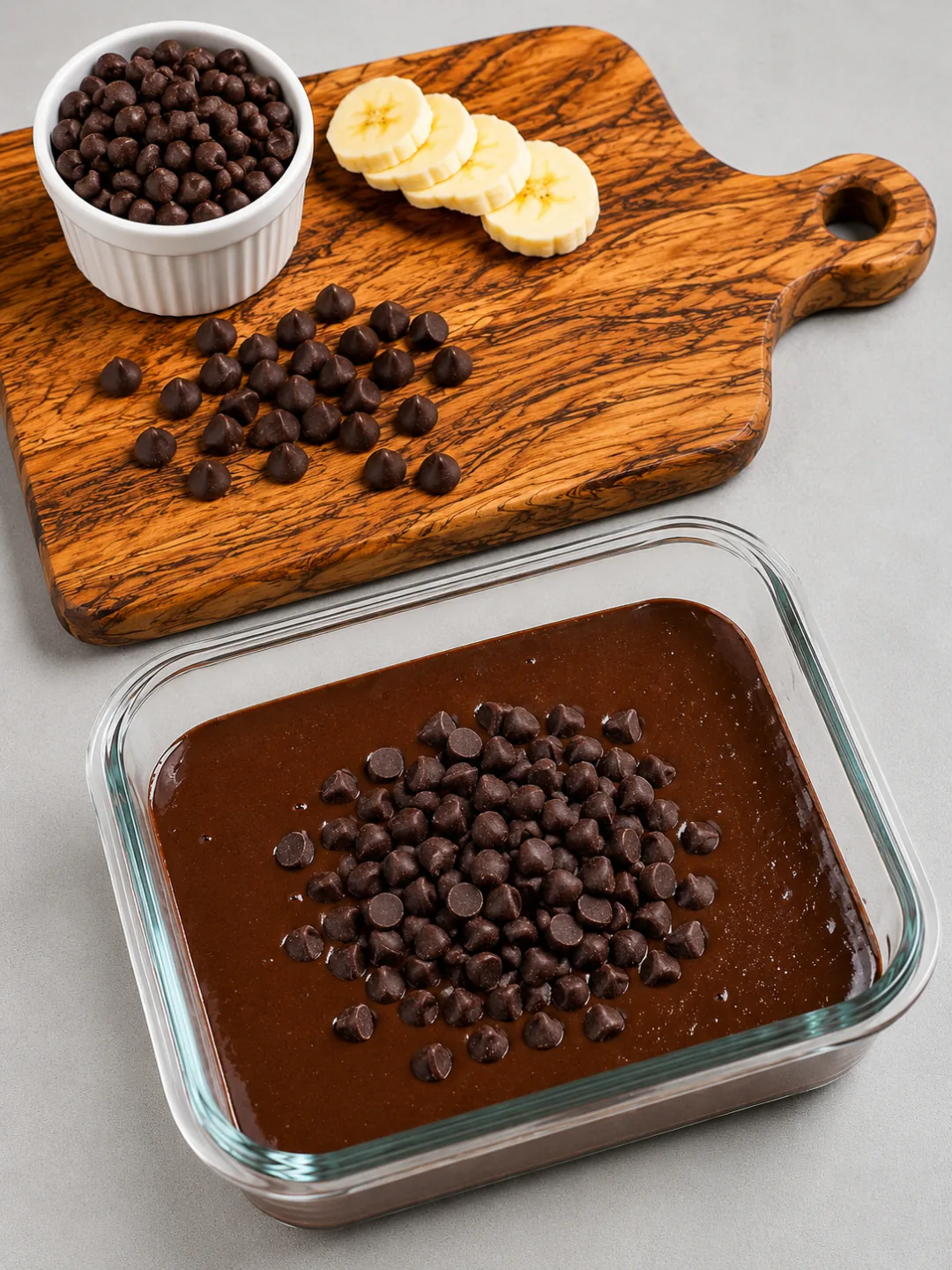 High Protein Fudgy Banana Brownie 3 Blended banana brownie batter poured into a greased glass dish and topped with chocolate chips before baking