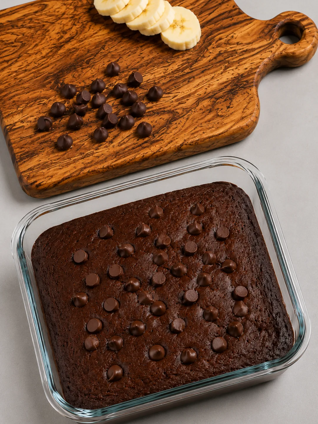 High Protein Fudgy Banana Brownie 4 Freshly baked high protein fudgy banana brownie in a glass dish topped with melted chocolate chips