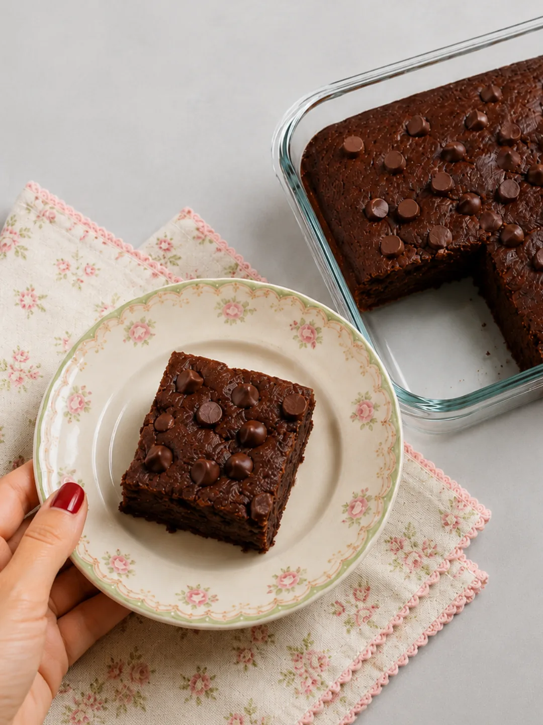 high-protein-fudgy-banana-brownie High Protein Fudgy Banana Brownie square on a floral plate beside the baking dish topped with chocolate chips