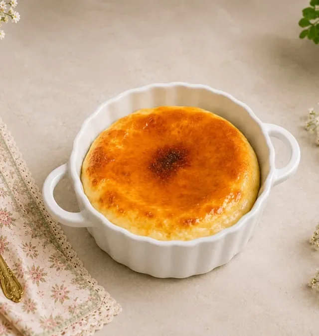 Baked 2 ingredient protein cheesecake in a white ramekin