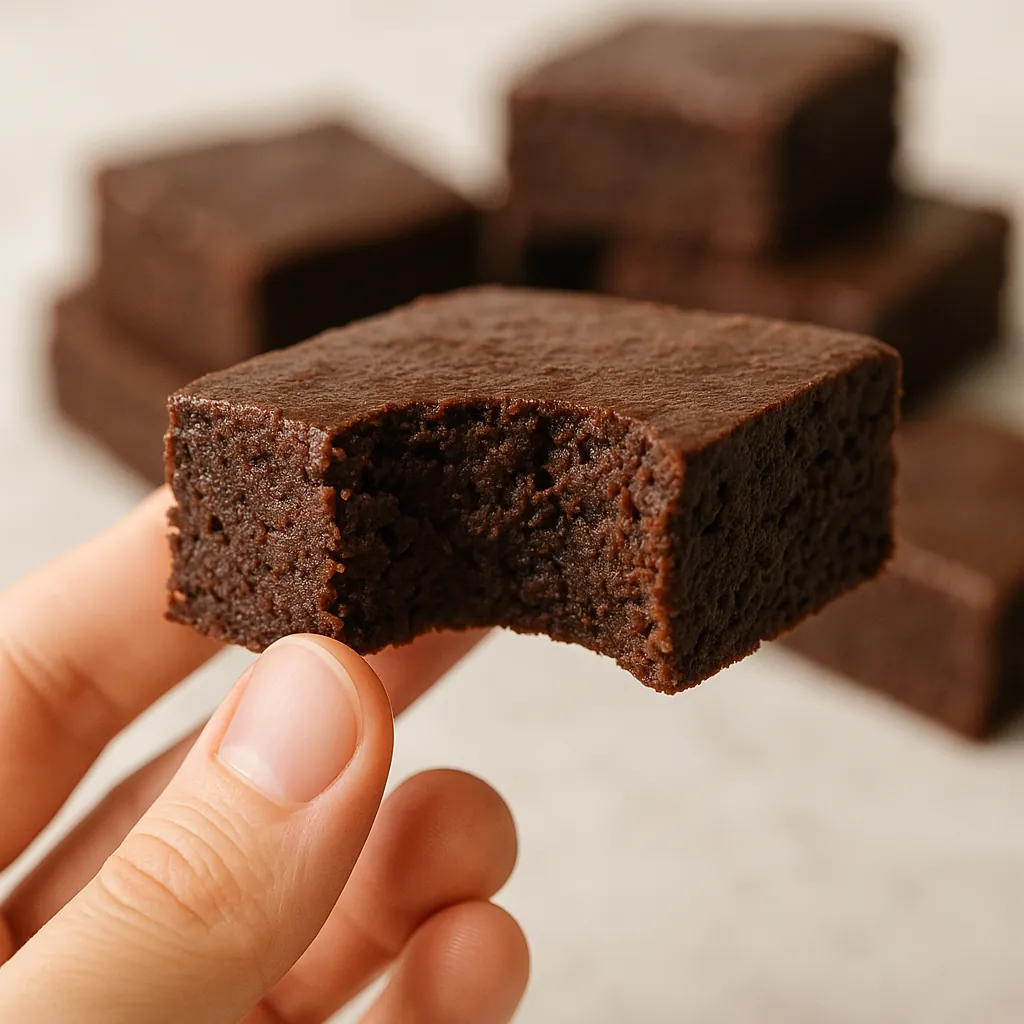 Hand holding a fudgy high-protein chocolate brownie with a bite taken out