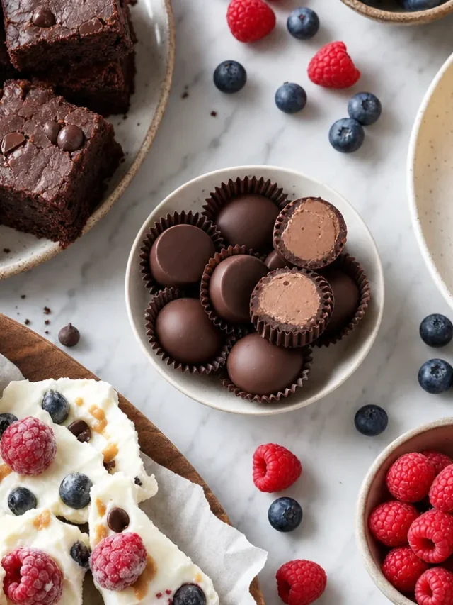 Overhead spread of high-protein desserts: brownies, cheesecake, bark and chocolate bites with fresh berries