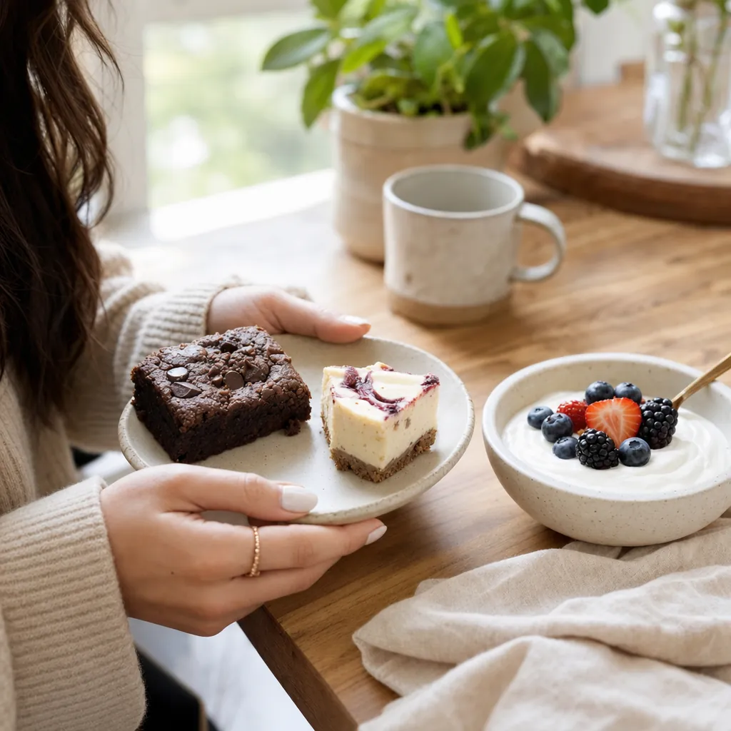 Plate of high protein brownie and cheesecake bites with Greek yogurt and berries on a kitchen table