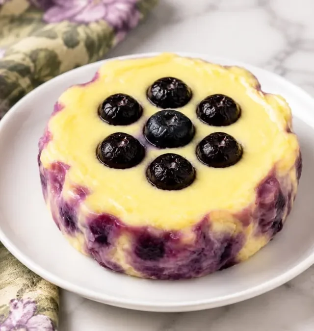 Lemon blueberry cheesecake topped with blueberries on a white plate