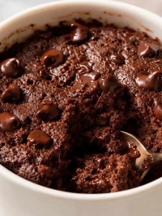 Fudgy chocolate protein mug cake in a white mug topped with melted chocolate chips