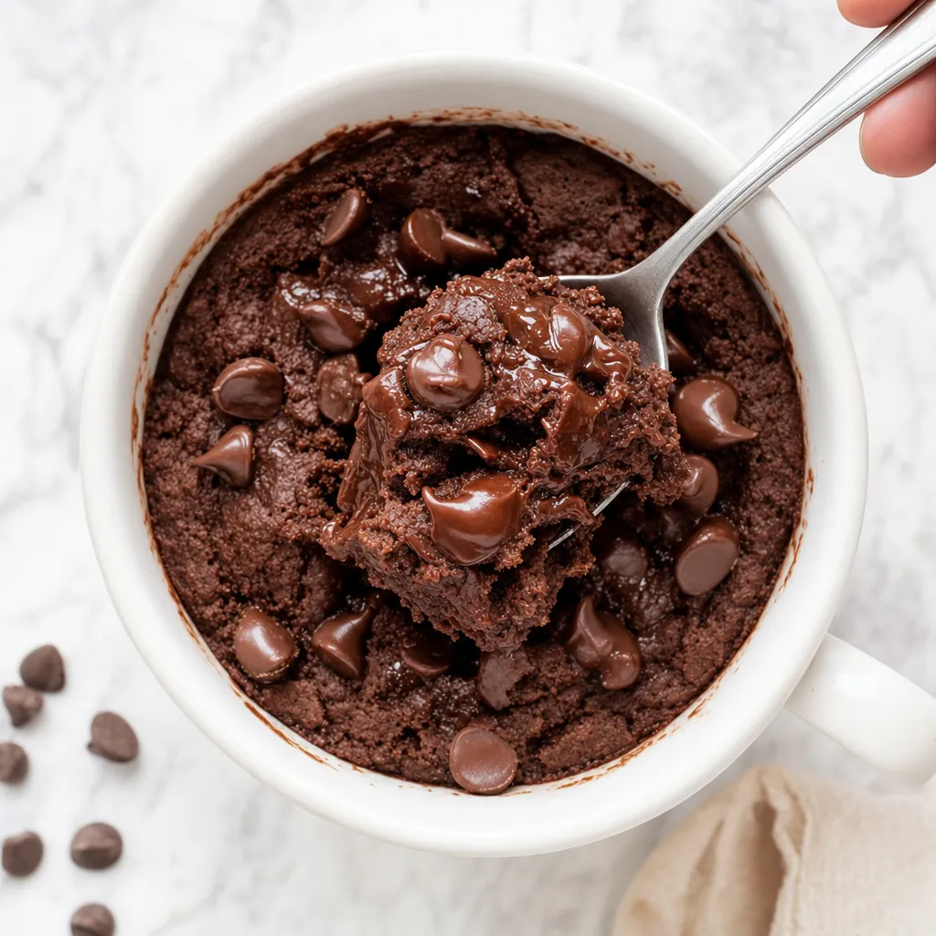 Spoon lifting a gooey fudgy bite from a chocolate protein mug cake